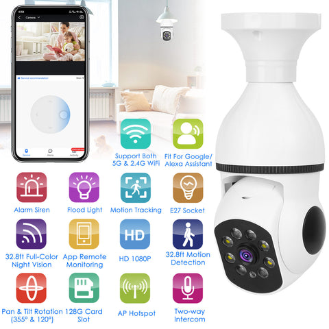 1Pc E27 WiFi Bulb Camera 1080P FHD WiFi IP Pan Tilt Security Surveillance Camera With Two-Way Audio Full Color Night Vision Flood Light Motion Tracking Siren Function APP Control